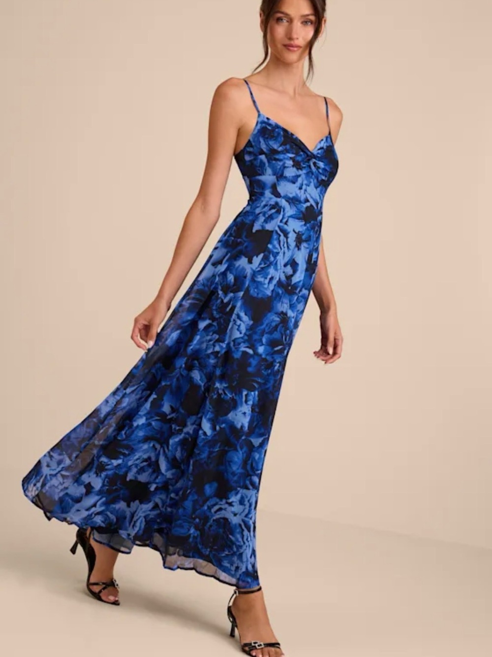 Lulus Beautiful Soul Blue Floral Print Twist-Front Maxi Dress size small